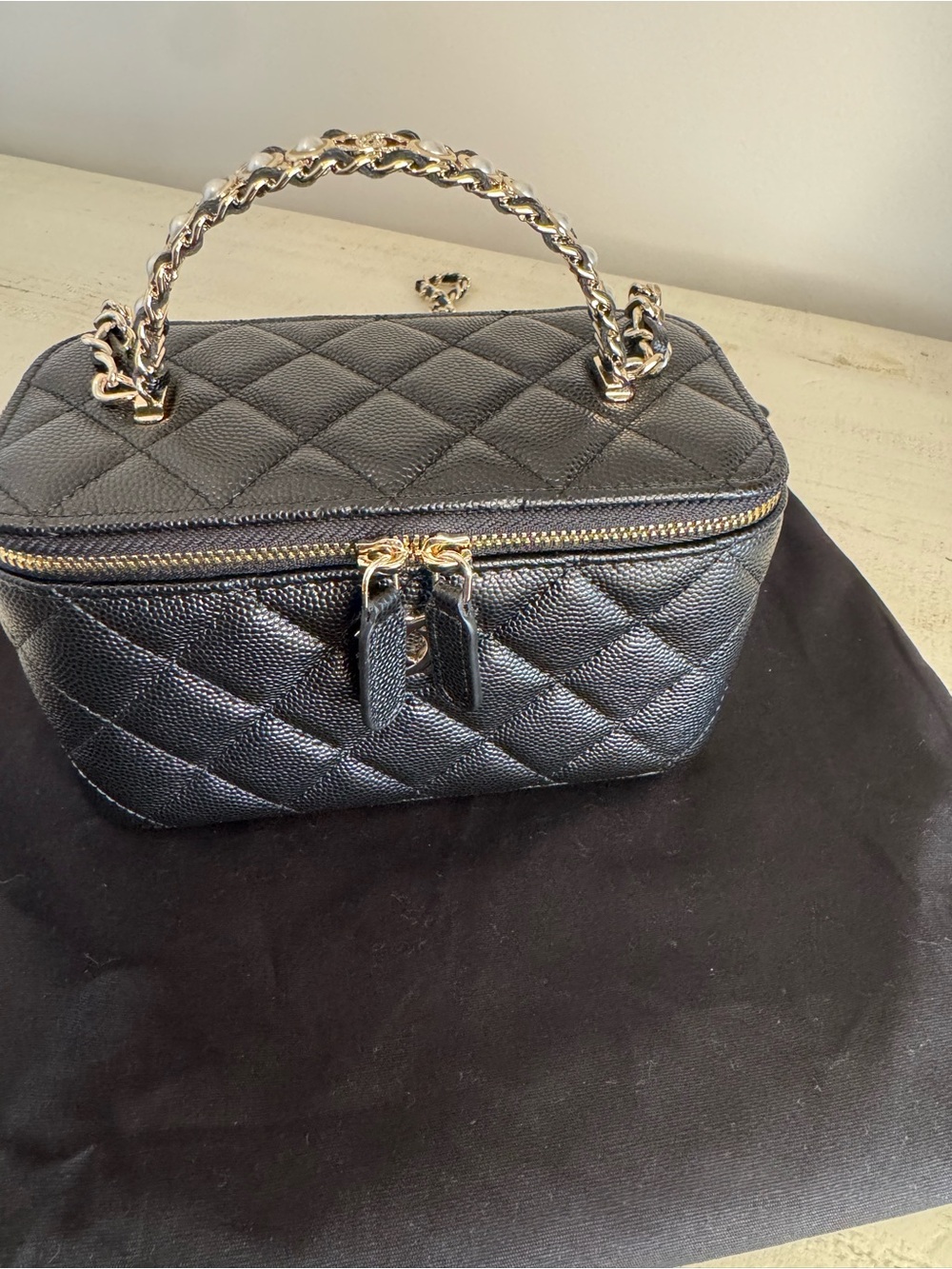 Black Quilted Fashion Vanity | Gold Hardware | Top Handle & Crossbody